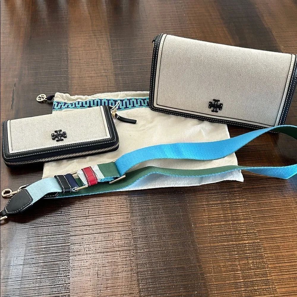 Tory Burch Beige and Blue Wallet and Crossbody Set